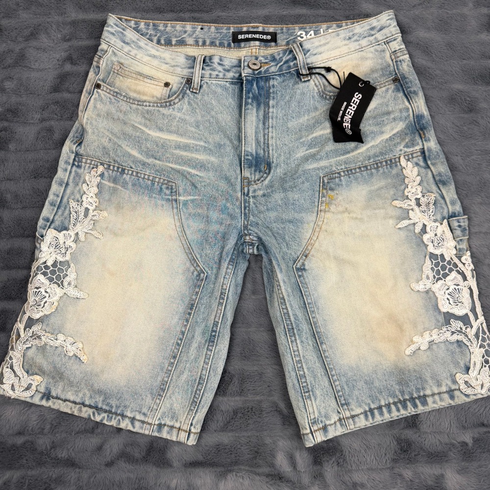 Serenede Mens Light Wash Floral Lace Applique Denim Shorts 34 Blue Streetwear